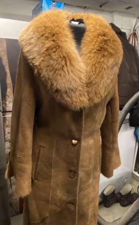 Women’s Brown Suede Coat with Large Fur Collar - Long Winter Coat