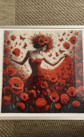 Handmade Framed Cross Stitch Artwork - Woman in Red Poppy Dress