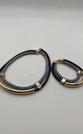 Matching Necklace & Bracelet Set with Gold Curved Bar Accents